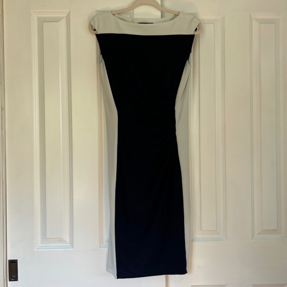 Lauren Ralph Lauren Navy Blue & White Color Block Ruched Sleeveless Dress Size 4 - Picture 1 of 11
